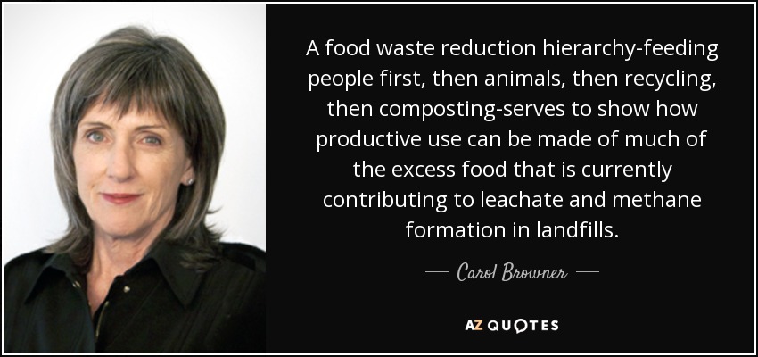 A food waste reduction hierarchy-feeding people first, then animals, then recycling, then composting-serves to show how productive use can be made of much of the excess food that is currently contributing to leachate and methane formation in landfills. - Carol Browner