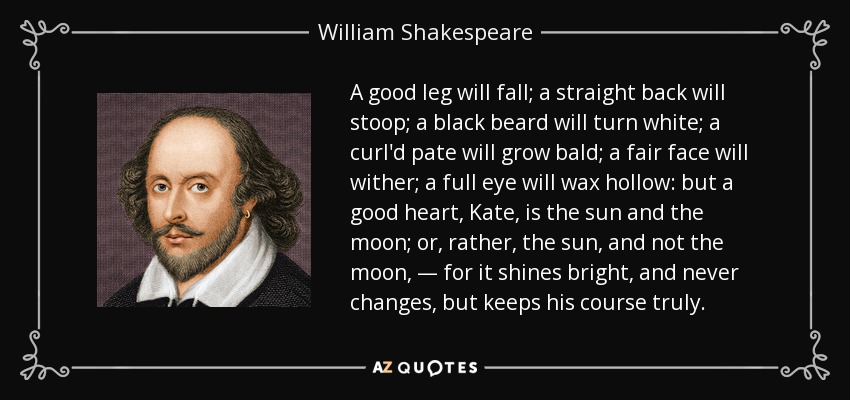A good leg will fall; a straight back will stoop; a black beard will turn white; a curl'd pate will grow bald; a fair face will wither; a full eye will wax hollow: but a good heart, Kate, is the sun and the moon; or, rather, the sun, and not the moon, — for it shines bright, and never changes, but keeps his course truly. - William Shakespeare