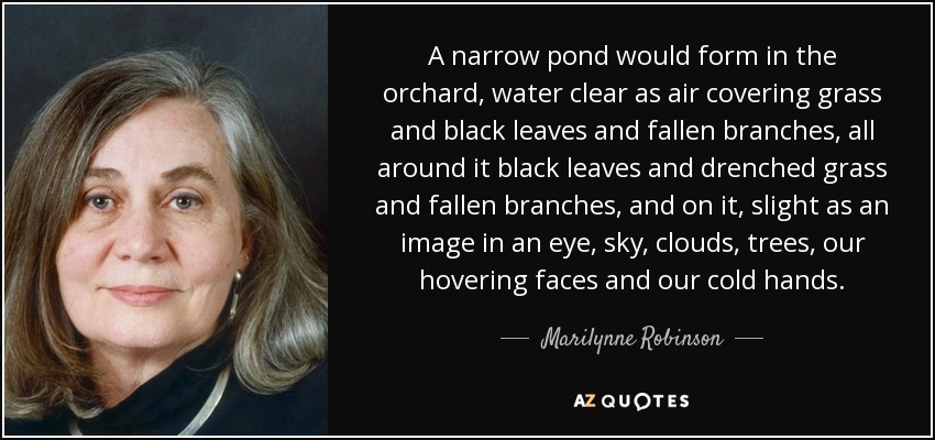 A narrow pond would form in the orchard, water clear as air covering grass and black leaves and fallen branches, all around it black leaves and drenched grass and fallen branches, and on it, slight as an image in an eye, sky, clouds, trees, our hovering faces and our cold hands. - Marilynne Robinson