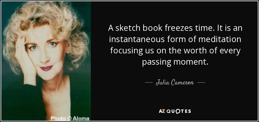 A sketch book freezes time. It is an instantaneous form of meditation focusing us on the worth of every passing moment. - Julia Cameron