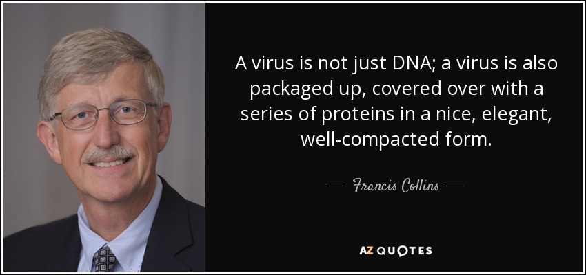 A virus is not just DNA; a virus is also packaged up, covered over with a series of proteins in a nice, elegant, well-compacted form. - Francis Collins