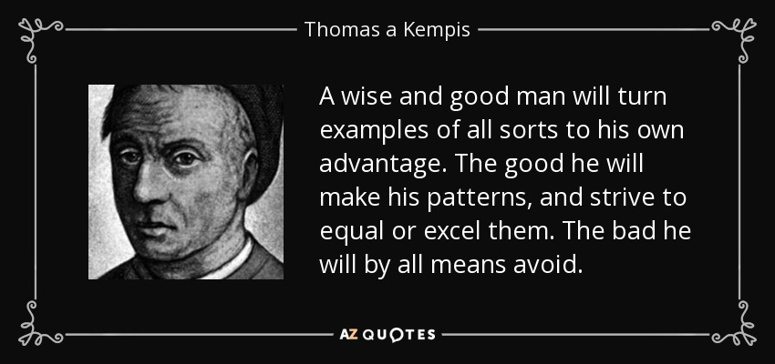 A wise and good man will turn examples of all sorts to his own advantage. The good he will make his patterns, and strive to equal or excel them. The bad he will by all means avoid. - Thomas a Kempis