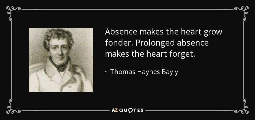 Absence makes the heart grow fonder. Prolonged absence makes the heart forget. - Thomas Haynes Bayly