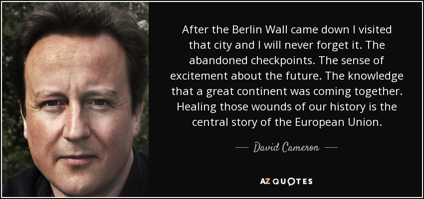 After the Berlin Wall came down I visited that city and I will never forget it. The abandoned checkpoints. The sense of excitement about the future. The knowledge that a great continent was coming together. Healing those wounds of our history is the central story of the European Union. - David Cameron