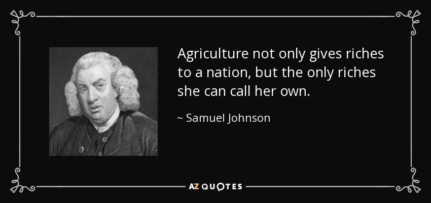 La agricultura no sólo da riqueza a una nación, sino que es la única riqueza que puede llamar suya. - Samuel Johnson