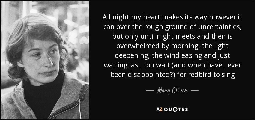 All night my heart makes its way however it can over the rough ground of uncertainties, but only until night meets and then is overwhelmed by morning, the light deepening, the wind easing and just waiting, as I too wait (and when have I ever been disappointed?) for redbird to sing - Mary Oliver