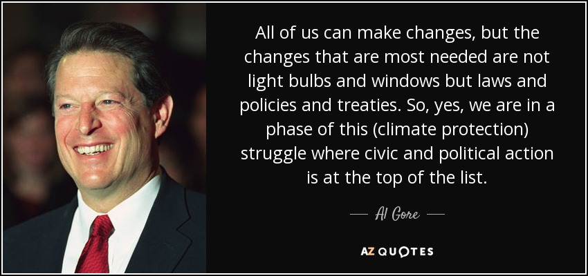 All of us can make changes, but the changes that are most needed are not light bulbs and windows but laws and policies and treaties. So, yes, we are in a phase of this (climate protection) struggle where civic and political action is at the top of the list. - Al Gore