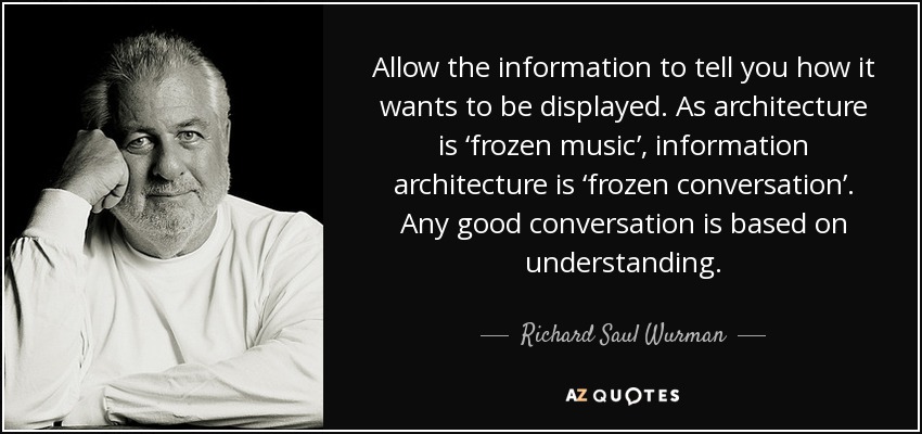 Allow the information to tell you how it wants to be displayed. As architecture is ‘frozen music’, information architecture is ‘frozen conversation’. Any good conversation is based on understanding. - Richard Saul Wurman