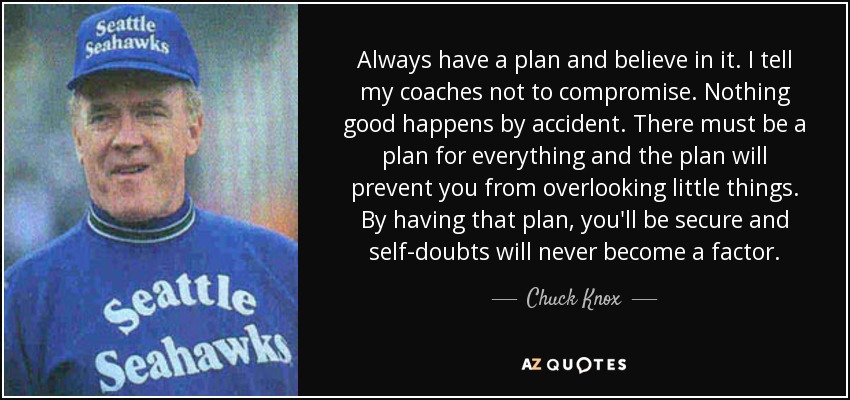 Always have a plan and believe in it. I tell my coaches not to compromise. Nothing good happens by accident. There must be a plan for everything and the plan will prevent you from overlooking little things. By having that plan, you'll be secure and self-doubts will never become a factor. - Chuck Knox