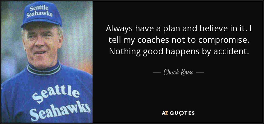Always have a plan and believe in it. I tell my coaches not to compromise. Nothing good happens by accident. - Chuck Knox