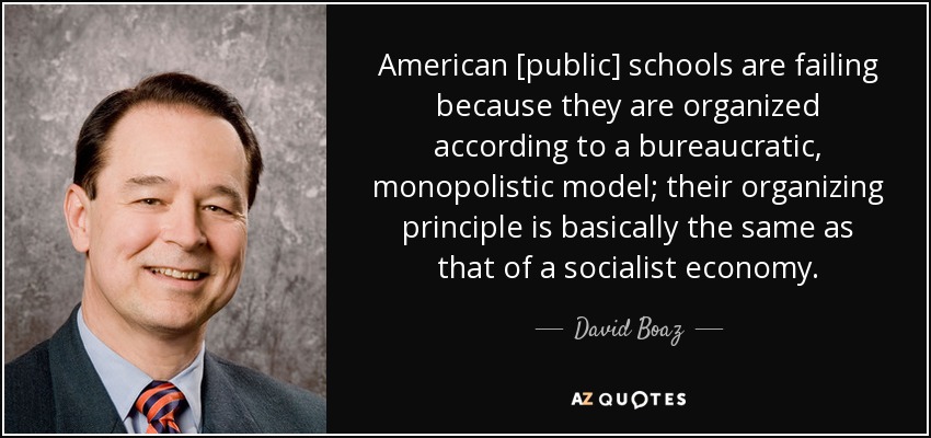 American [public] schools are failing because they are organized according to a bureaucratic, monopolistic model; their organizing principle is basically the same as that of a socialist economy. - David Boaz