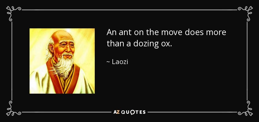 An ant on the move does more than a dozing ox. - Laozi