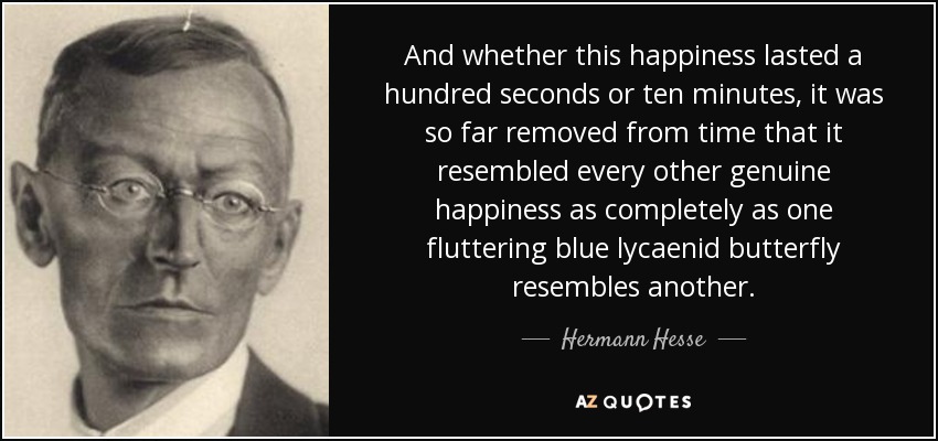 And whether this happiness lasted a hundred seconds or ten minutes, it was so far removed from time that it resembled every other genuine happiness as completely as one fluttering blue lycaenid butterfly resembles another. - Hermann Hesse