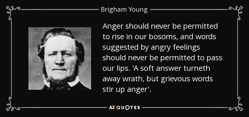 Anger should never be permitted to rise in our bosoms, and words suggested by angry feelings should never be permitted to pass our lips. 'A soft answer turneth away wrath, but grievous words stir up anger'. - Brigham Young