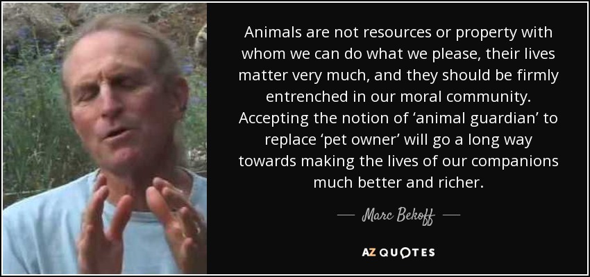 Animals are not resources or property with whom we can do what we please, their lives matter very much, and they should be firmly entrenched in our moral community. Accepting the notion of ‘animal guardian’ to replace ‘pet owner’ will go a long way towards making the lives of our companions much better and richer. - Marc Bekoff