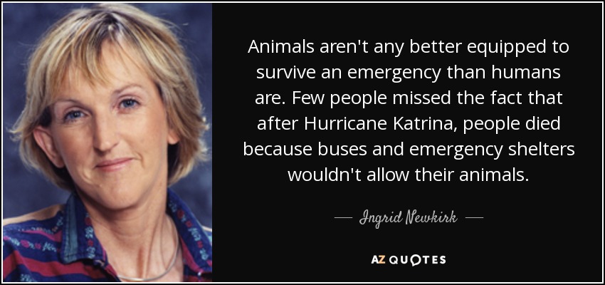 Los animales no están mejor equipados para sobrevivir a una emergencia que los humanos. A poca gente se le escapó que, tras el huracán Katrina, murieron personas porque los autobuses y los refugios de emergencia no admitían a sus animales. - Ingrid Newkirk