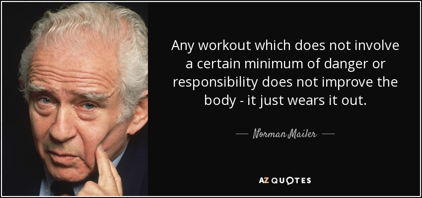 Any workout which does not involve a certain minimum of danger or responsibility does not improve the body - it just wears it out. - Norman Mailer