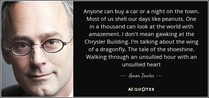 Anyone can buy a car or a night on the town. Most of us shell our days like peanuts. One in a thousand can look at the world with amazement. I don't mean gawking at the Chrysler Building. I'm talking about the wing of a dragonfly. The tale of the shoeshine. Walking through an unsullied hour with an unsullied heart - Amor Towles