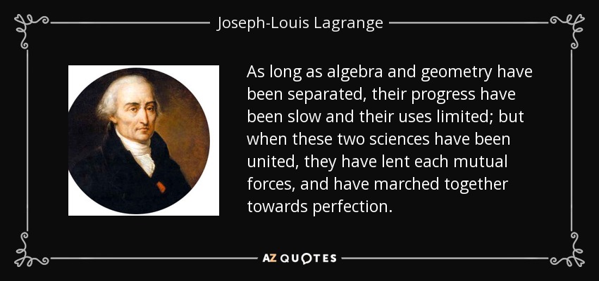 As long as algebra and geometry have been separated, their progress have been slow and their uses limited; but when these two sciences have been united, they have lent each mutual forces, and have marched together towards perfection. - Joseph-Louis Lagrange