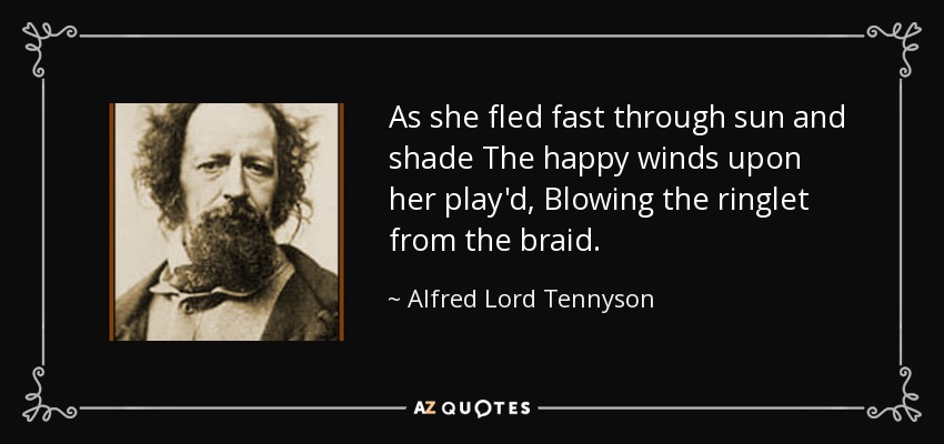 As she fled fast through sun and shade The happy winds upon her play'd, Blowing the ringlet from the braid. - Alfred Lord Tennyson