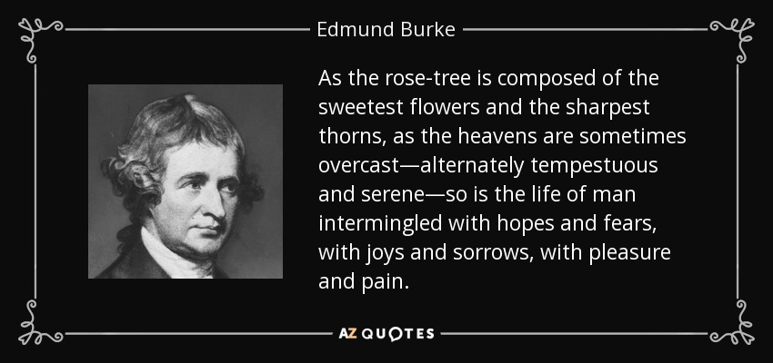 As the rose-tree is composed of the sweetest flowers and the sharpest thorns, as the heavens are sometimes overcast—alternately tempestuous and serene—so is the life of man intermingled with hopes and fears, with joys and sorrows, with pleasure and pain. - Edmund Burke