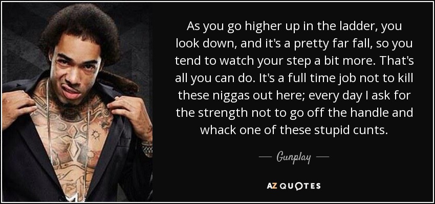 As you go higher up in the ladder, you look down, and it's a pretty far fall, so you tend to watch your step a bit more. That's all you can do. It's a full time job not to kill these niggas out here; every day I ask for the strength not to go off the handle and whack one of these stupid cunts. - Gunplay