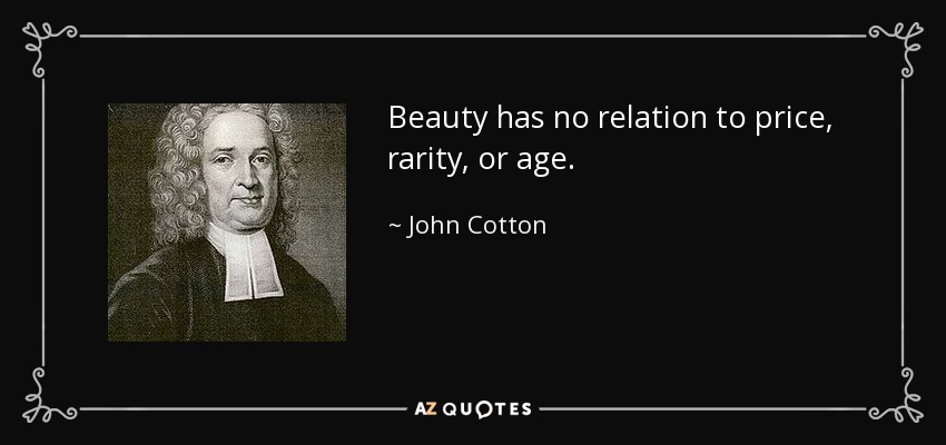 La belleza no tiene relación con el precio, la rareza o la edad. - John Cotton