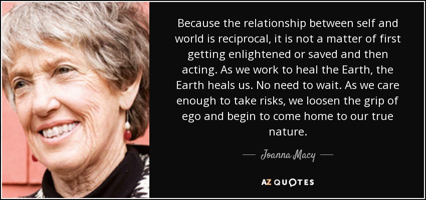 Because the relationship between self and world is reciprocal, it is not a matter of first getting enlightened or saved and then acting. As we work to heal the Earth, the Earth heals us. No need to wait. As we care enough to take risks, we loosen the grip of ego and begin to come home to our true nature. - Joanna Macy