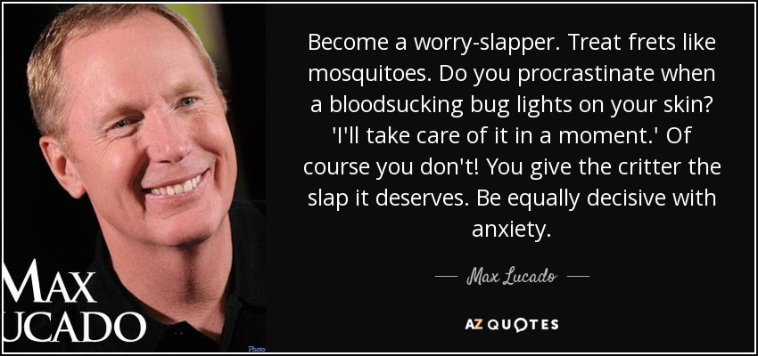 Conviértase en un ahuyentador de preocupaciones. Trate los temores como si fueran mosquitos. ¿Procrastinas cuando un bicho chupasangre se posa en tu piel? Me ocuparé de él en un momento'. Claro que no. Le das al bicho la bofetada que se merece. Sé igual de decidido con la ansiedad. - Max Lucado