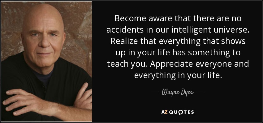 Become aware that there are no accidents in our intelligent universe. Realize that everything that shows up in your life has something to teach you. Appreciate everyone and everything in your life. - Wayne Dyer