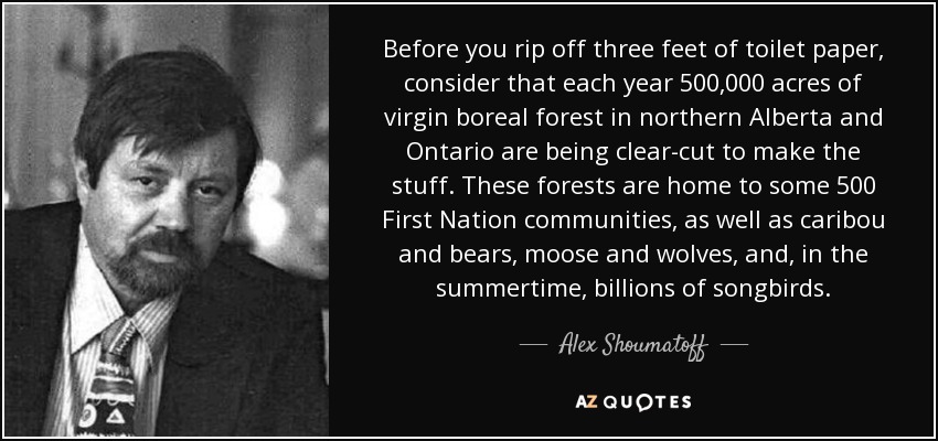 Before you rip off three feet of toilet paper, consider that each year 500,000 acres of virgin boreal forest in northern Alberta and Ontario are being clear-cut to make the stuff. These forests are home to some 500 First Nation communities, as well as caribou and bears, moose and wolves, and, in the summertime, billions of songbirds. - Alex Shoumatoff