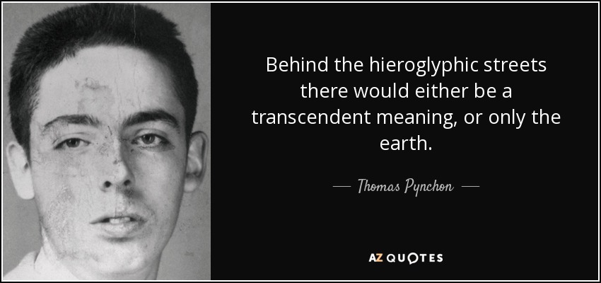 Behind the hieroglyphic streets there would either be a transcendent meaning, or only the earth. - Thomas Pynchon