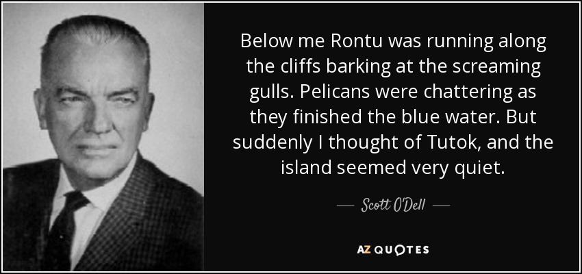 Below me Rontu was running along the cliffs barking at the screaming gulls. Pelicans were chattering as they finished the blue water. But suddenly I thought of Tutok, and the island seemed very quiet. - Scott O'Dell