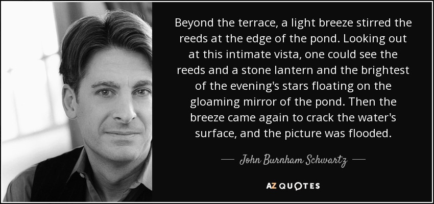 Beyond the terrace, a light breeze stirred the reeds at the edge of the pond. Looking out at this intimate vista, one could see the reeds and a stone lantern and the brightest of the evening's stars floating on the gloaming mirror of the pond. Then the breeze came again to crack the water's surface, and the picture was flooded. - John Burnham Schwartz