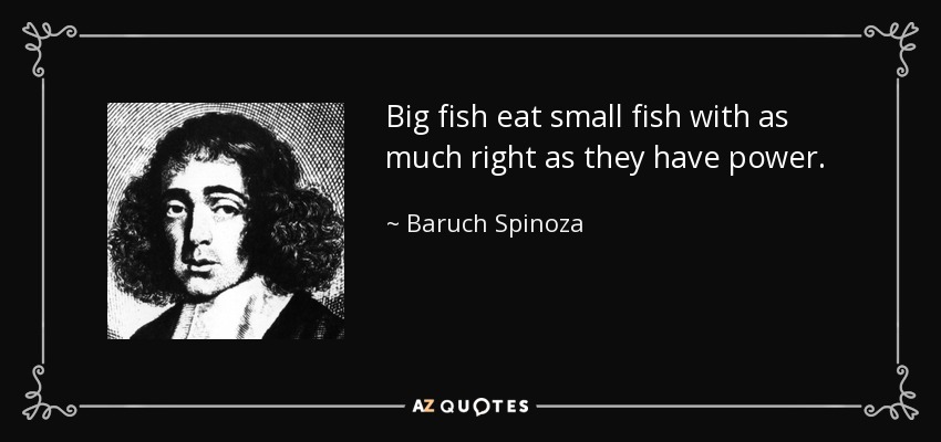 Los peces grandes se comen a los pequeños con tanto derecho como poder tienen. - Baruch Spinoza