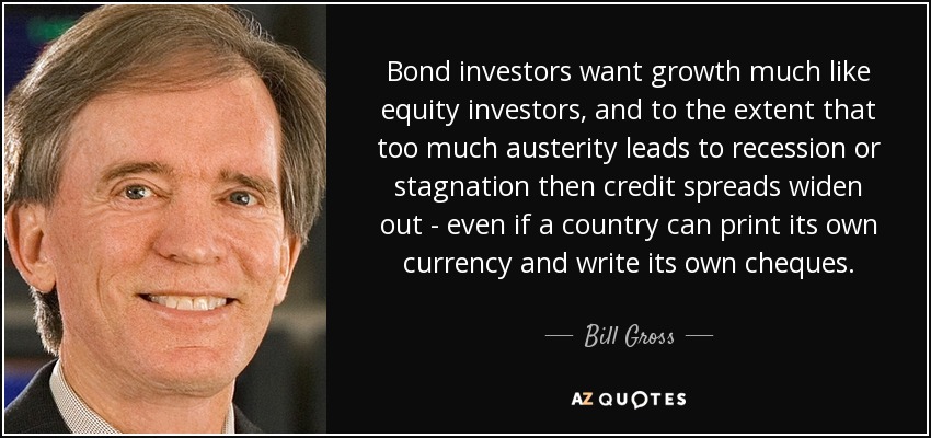 Bond investors want growth much like equity investors, and to the extent that too much austerity leads to recession or stagnation then credit spreads widen out - even if a country can print its own currency and write its own cheques. - Bill Gross