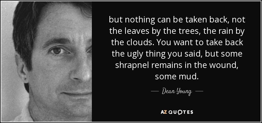 but nothing can be taken back, not the leaves by the trees, the rain by the clouds. You want to take back the ugly thing you said, but some shrapnel remains in the wound, some mud. - Dean Young