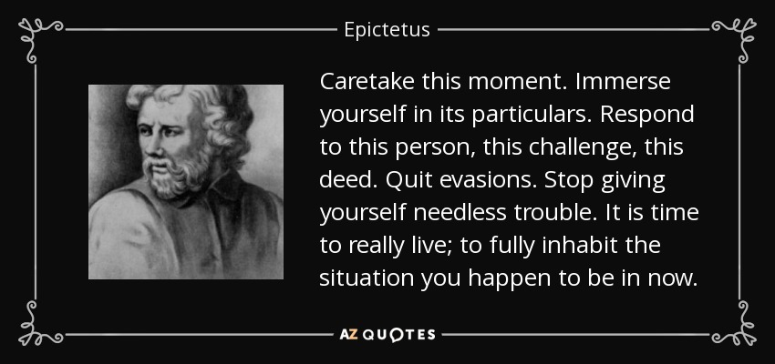Caretake this moment. Immerse yourself in its particulars. Respond to this person, this challenge, this deed. Quit evasions. Stop giving yourself needless trouble. It is time to really live; to fully inhabit the situation you happen to be in now. - Epictetus