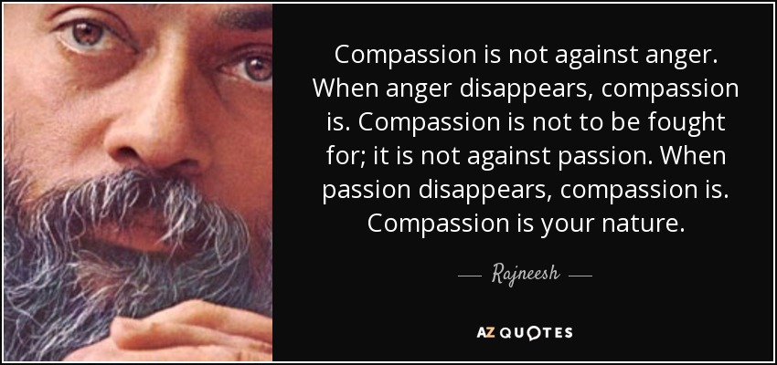 Compassion is not against anger. When anger disappears, compassion is. Compassion is not to be fought for; it is not against passion. When passion disappears, compassion is. Compassion is your nature. - Rajneesh