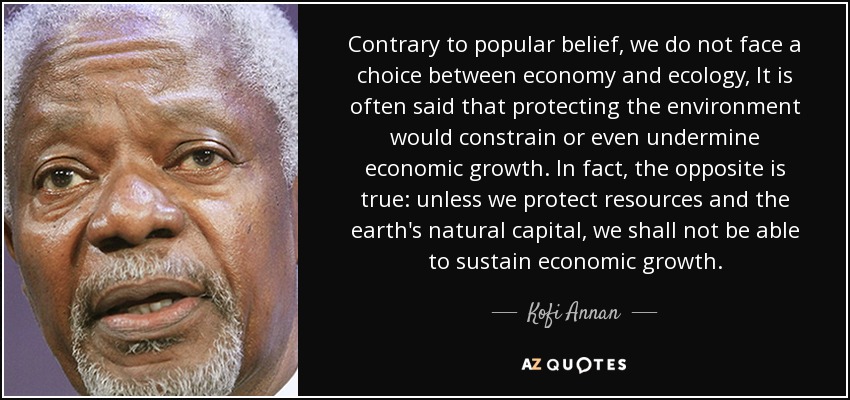 Contrary to popular belief, we do not face a choice between economy and ecology, It is often said that protecting the environment would constrain or even undermine economic growth. In fact, the opposite is true: unless we protect resources and the earth's natural capital, we shall not be able to sustain economic growth. - Kofi Annan