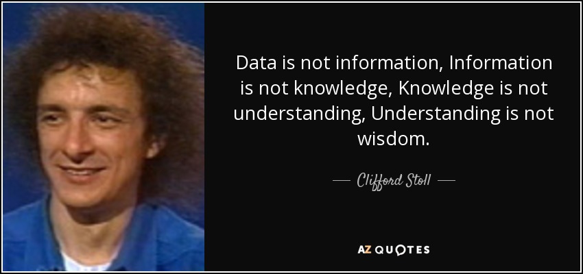 Data is not information, Information is not knowledge, Knowledge is not understanding, Understanding is not wisdom. - Clifford Stoll