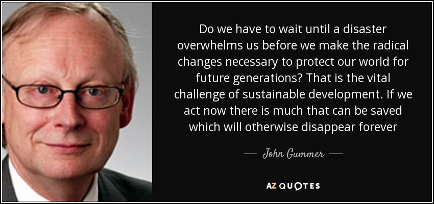 ¿Tenemos que esperar a que una catástrofe nos abrume para hacer los cambios radicales necesarios para proteger nuestro mundo para las generaciones futuras? Ese es el reto vital del desarrollo sostenible. Si actuamos ahora podemos salvar muchas cosas que, de otro modo, desaparecerían para siempre - John Gummer