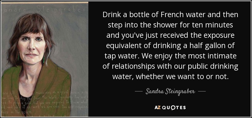 Drink a bottle of French water and then step into the shower for ten minutes and you've just received the exposure equivalent of drinking a half gallon of tap water. We enjoy the most intimate of relationships with our public drinking water, whether we want to or not. - Sandra Steingraber