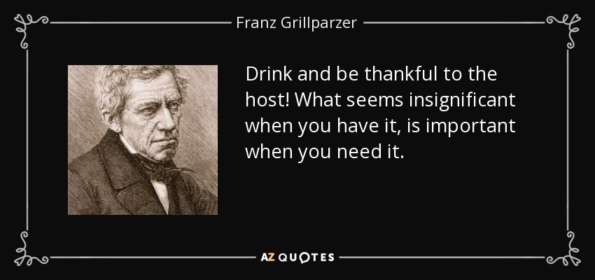 Bebe y da las gracias al anfitrión. Lo que parece insignificante cuando lo tienes, es importante cuando lo necesitas. - Franz Grillparzer