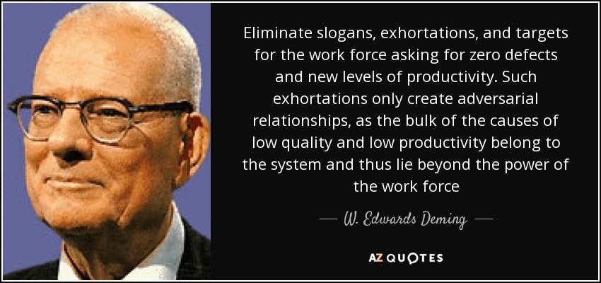 Eliminate slogans, exhortations, and targets for the work force asking for zero defects and new levels of productivity. Such exhortations only create adversarial relationships, as the bulk of the causes of low quality and low productivity belong to the system and thus lie beyond the power of the work force - W. Edwards Deming