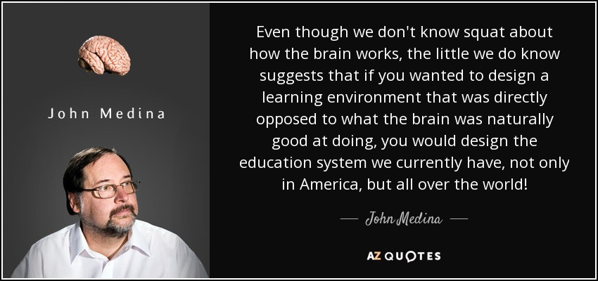 Even though we don't know squat about how the brain works, the little we do know suggests that if you wanted to design a learning environment that was directly opposed to what the brain was naturally good at doing, you would design the education system we currently have, not only in America, but all over the world! - John Medina