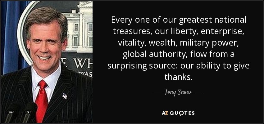 Every one of our greatest national treasures, our liberty, enterprise, vitality, wealth, military power, global authority, flow from a surprising source: our ability to give thanks. - Tony Snow