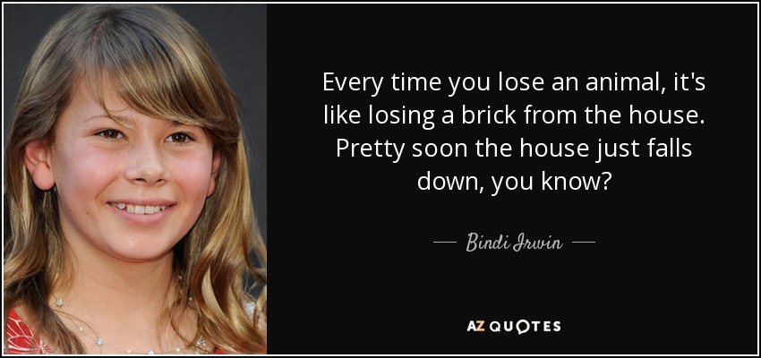 Every time you lose an animal, it's like losing a brick from the house. Pretty soon the house just falls down, you know? - Bindi Irwin