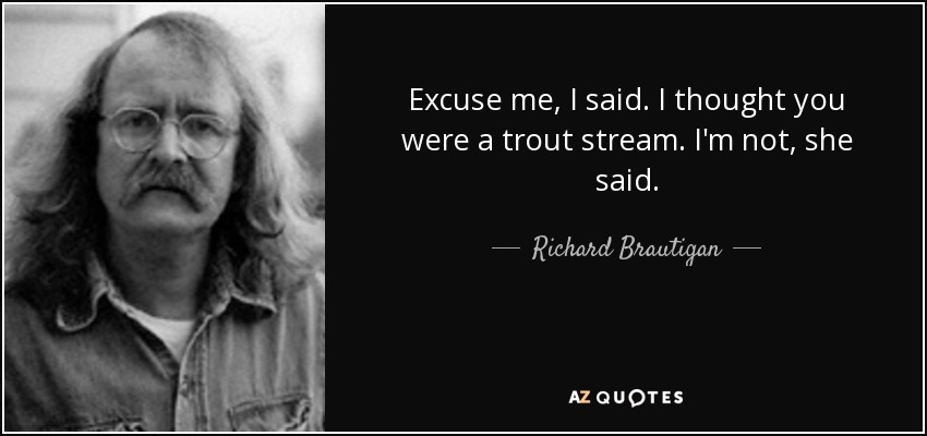 Excuse me, I said. I thought you were a trout stream. I'm not, she said. - Richard Brautigan