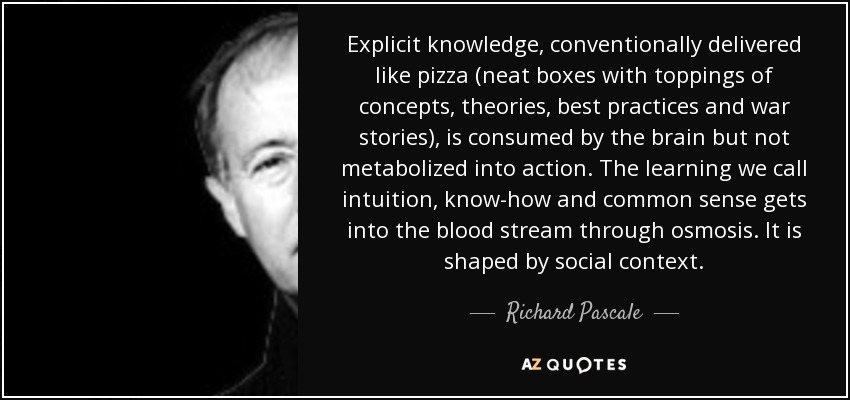 Explicit knowledge, conventionally delivered like pizza (neat boxes with toppings of concepts, theories, best practices and war stories), is consumed by the brain but not metabolized into action. The learning we call intuition, know-how and common sense gets into the blood stream through osmosis. It is shaped by social context. - Richard Pascale